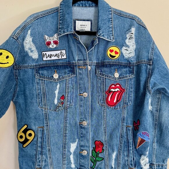 Denim Distressed Forever 21 Jacket with Added Patches - Picture 1 of 9